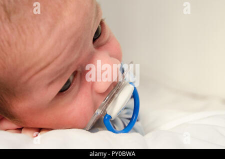 Zwei Wochen alte Neugeborene baby boy zur Festlegung auf weißem Blatt wach, in der Nähe Stockfoto