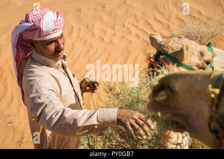 Hohe Betrachtungswinkel des Menschen in arabischer Kleidung Fütterung Kamel in der Wüste des Wadi Rum, Wadi Rum, Aqaba Governorate, Jordanien Stockfoto