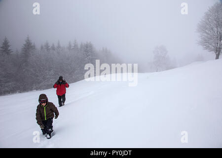 Wanderer gehen bis auf Schnee im Winter. Touristen wandern im Winter Berge im Nebel, Rumänien Stockfoto