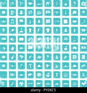 100 Wahrzeichen Icons Set grunge Blau Stock Vektor