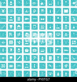 100 Medizinisches Zubehör Icons Set grunge Blau Stock Vektor