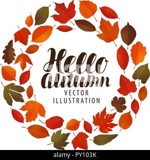 Hallo Herbst, Banner. Blatt fallen, dekorative Blätter Konzept. Vector Illustration Stock Vektor