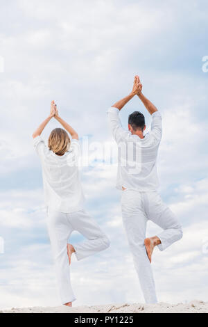 Ansicht der Rückseite des paar Üben Yoga in die baumhaltung (Vrksasana) auf Sand dune Stockfoto