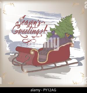 Bürste Schriftzug Gruß und eine farbige Skizze der Schlitten mit Weihnachtsbaum und Geschenke. Toll für Poster, Grußkarten. Stock Vektor