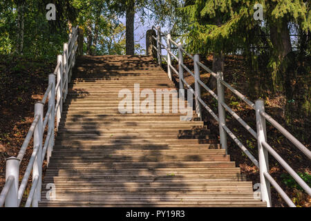 Treppe mit Holzstufen und weiß Metall Geländer, die zu den Top. Stockfoto