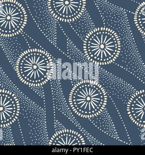 Indigo Hand-Drawn Japanische gefärbten Textil- Vektor nahtlose Muster. Traditionelle Katazome Geschichte Kreise und Wellen Hintergrund. Abstrakte Tamponieren markiert. Stock Vektor