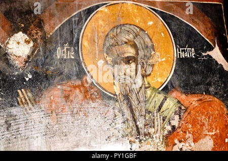 Blick auf die Fresken von der alten Kirche des Heiligen Athanasios (1614) in Tsaritsani, Elassona, Griechenland Stockfoto