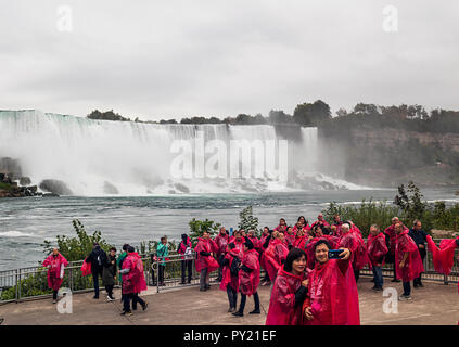 Die angeregten Touristen nehmen Bilder in der Vorderseite des Niagara Falls Stockfoto