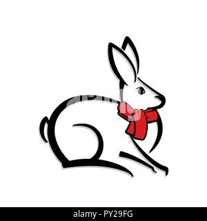 Symbol für ein Kaninchen. Schwarze und weiße abstrakte Logo. Vector Illustration. Roter Schal. Stock Vektor