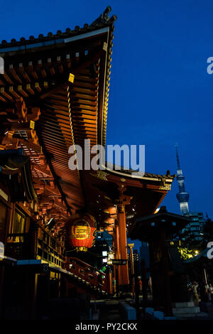 Tokio, Japan - 10/02/2016: Sensouji Tempel in Asakusa, leuchtet in der Nacht mit dem Skytree in der Ferne Stockfoto