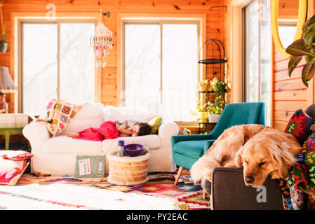 Mädchen und ihr Hund schlafen auf Sofas im Wohnzimmer Stockfoto