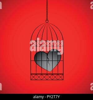 Gebrochenes Herz in einem Vogelkäfig auf rotem Hintergrund Vektor-illustration EPS 10. Stock Vektor
