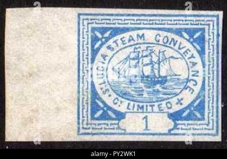 C 1872 St. Lucia Dampf Transport Company Limited 1 Pence Briefmarke. Stockfoto