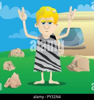 Cartoon caveman mit Händen in Rocker darstellen. Vector Illustration eines Mannes aus der Steinzeit. Stock Vektor