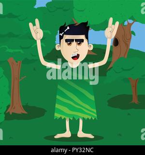 Cartoon caveman mit Händen in Rocker darstellen. Vector Illustration eines Mannes aus der Steinzeit. Stock Vektor