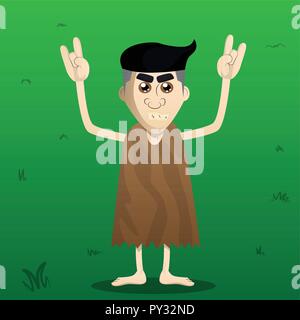 Cartoon caveman mit Händen in Rocker darstellen. Vector Illustration eines Mannes aus der Steinzeit. Stock Vektor