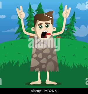 Cartoon caveman mit Händen in Rocker darstellen. Vector Illustration eines Mannes aus der Steinzeit. Stock Vektor