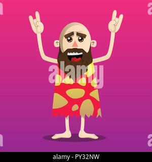 Cartoon caveman mit Händen in Rocker darstellen. Vector Illustration eines Mannes aus der Steinzeit. Stock Vektor