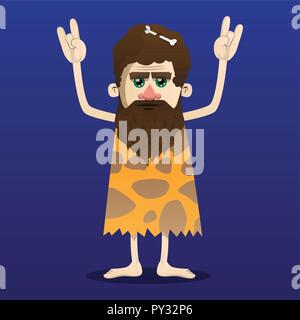 Cartoon caveman mit Händen in Rocker darstellen. Vector Illustration eines Mannes aus der Steinzeit. Stock Vektor