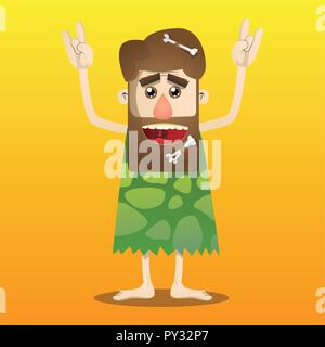 Cartoon caveman mit Händen in Rocker darstellen. Vector Illustration eines Mannes aus der Steinzeit. Stock Vektor