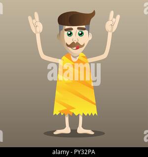 Cartoon caveman mit Händen in Rocker darstellen. Vector Illustration eines Mannes aus der Steinzeit. Stock Vektor