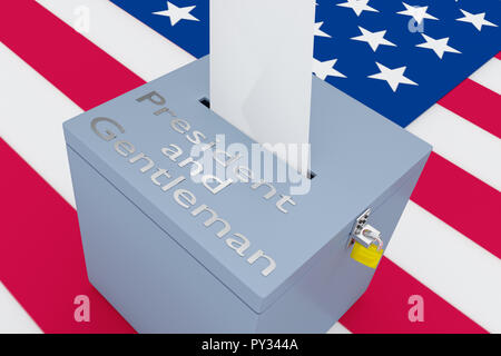 3D-Darstellung der Präsident und Gentleman Skript auf einer Urne, mit US-Flagge als Hintergrund. Stockfoto