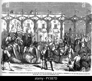 Conmemorativa Cabalgata de la coronación Como rey de Aragón del Infante Don Fernando, de Zaragoza, 9 de Mayo de 1860. Stockfoto