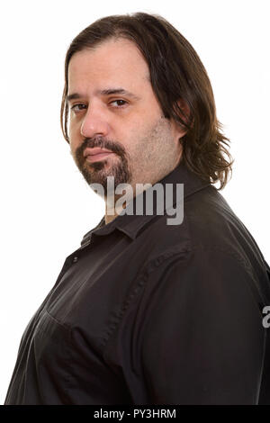 Nahaufnahme von Fett kaukasischen Mann Gesicht und Kamera Stockfoto