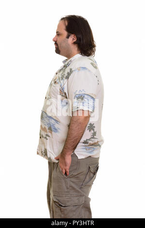 Profil anzeigen von Fett kaukasischen Mann bereit für Ferienhäuser Stockfoto