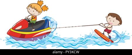 Doodle Kinder Wakeboarding am Meer Abbildung Stock Vektor