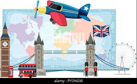 Wahrzeichen Londons vor Karte Abbildung Stock Vektor