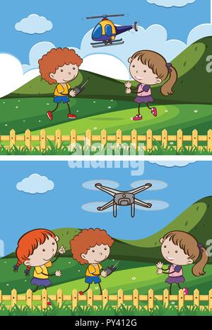 Kinder spielen Drone am Garten Abbildung Stock Vektor