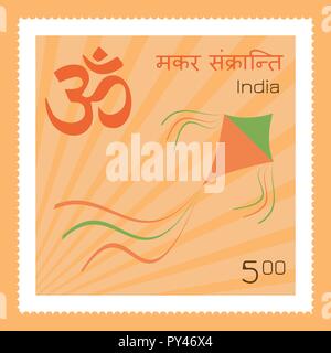 Makar Sankranti. Drachenfest in Indien. Winter Solstice Harvest Festival. Briefmarke, Om Zeichen, Drachen, Hintergrund mit Strahlen. Makar Sankranti in Hindi. Stock Vektor