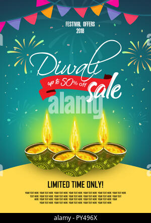 Diwali Festival Verkauf Poster Flayer Layout Vorlage a4 Größe, bieten Poster Design Vorlage mit 50% Rabatt Tag Stockfoto