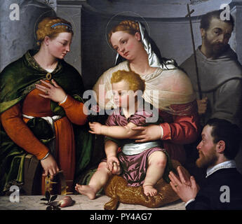 Madonna mit Kind und den Heiligen Katharina und Franziskus und der Spender 1540 - 1550 von Giovan Battista Moroni aus dem 16. Jahrhundert, Italien, Italienisch. Stockfoto