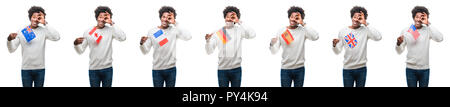 Collage der afrikanischen amerikanischen Jungen Mann mit Flaggen von Ländern über isolierte Hintergrund mit glücklichen Gesicht lächelnd tun ok Zeichen mit der Hand über die Augen Stockfoto
