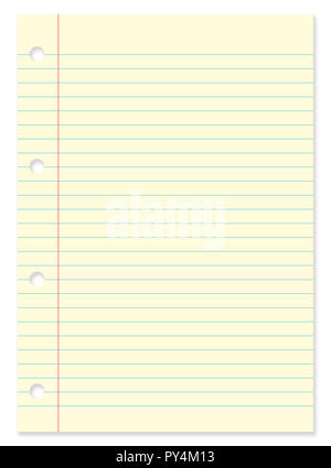 Leere gefüttert gelb Blatt Papier vom Notebook auf weißem Hintergrund mit blauen Linien, Marge, Bohrungen und Schlagschatten mit kopieren. Stockfoto