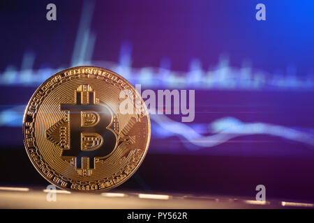 Gold Bitcoin auf dem Hintergrund des Diagramms. Stockfoto