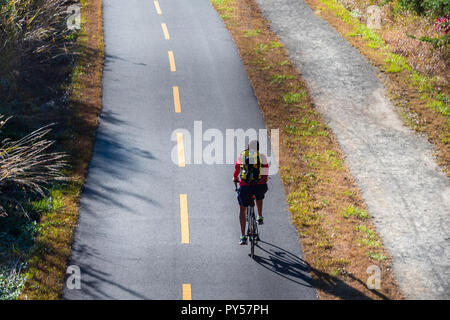 Ein Foto auf der Suche nach einer Brücke zu einem Solo Radfahrer Feilbieten von seinen Weg entlang einer Radweg in Reston, Virginia. Stockfoto
