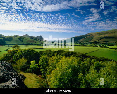 Blick WSW von Castell y Bere von Dysynni Tal mit Craig Yr Aderyn (Vögel "Rock) Zentrum L. Die Afon Dysynni fließt SW von Tal-y-llyn See zu Tywyn. Stockfoto