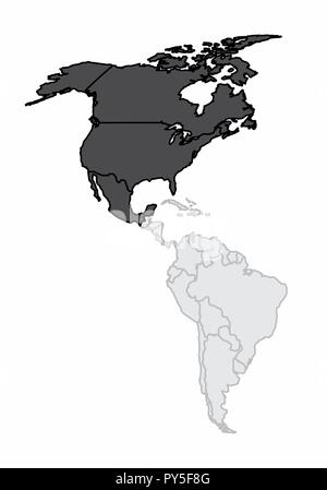 Eine Karte des amerikanischen Kontinents mit dem Nordamerika hervorgehoben Stock Vektor