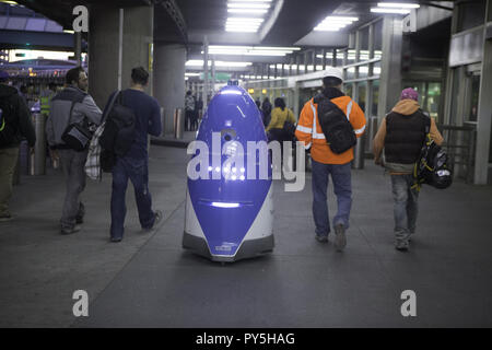 Queens, New York, USA. 24 Okt, 2018. KNIGHTSCOPE'S K5 Roboter ist außerhalb der Gepäckausgabe am Terminal B in LaGuardia Airport in Queens, New York, gezeigt. Die K5-Einheiten alles mit Kameras, Mikrofone und Sensoren. Quelle sagt, dass mit der Einführung von 5G-Technologie berufen wie Wachpersonal und Gaming Überwachung Offiziere wird durch Automatisierung beseitigt werden. Credit: Brian Zweig Preis/ZUMA Draht/Alamy leben Nachrichten Stockfoto