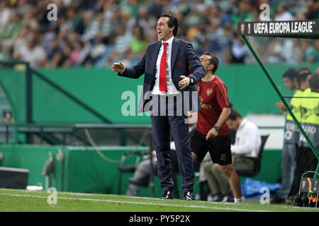 Lissabon, Portugal, Portugal. 25 Okt, 2018. Unai Emery von Arsenal FC in Aktion während der Europa League Gruppe E 2018/19 Fußballspiel zwischen Sporting CP gesehen vs FC Arsenal. Quelle: David Martins/SOPA Images/ZUMA Draht/Alamy leben Nachrichten Stockfoto