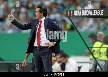 Lissabon, Portugal, Portugal. 25 Okt, 2018. Unai Emery von Arsenal FC in Aktion während der Europa League Gruppe E 2018/19 Fußballspiel zwischen Sporting CP gesehen vs FC Arsenal. Quelle: David Martins/SOPA Images/ZUMA Draht/Alamy leben Nachrichten Stockfoto