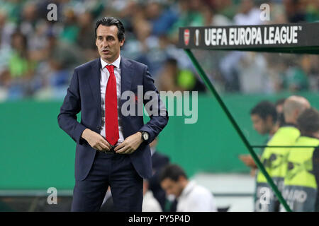 Lissabon, Portugal, Portugal. 25 Okt, 2018. Unai Emery von Arsenal FC in Aktion während der Europa League Gruppe E 2018/19 Fußballspiel zwischen Sporting CP gesehen vs FC Arsenal. Quelle: David Martins/SOPA Images/ZUMA Draht/Alamy leben Nachrichten Stockfoto