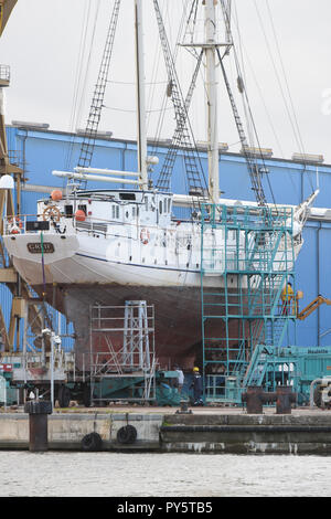 Wolgast, Deutschland. 25 Okt, 2018. Die segeln Schulschiff "Greif" liegt an der Peene Werft. Die Werft Aufenthalt für die Klassifizierung und Zertifizierung durch den Germanischen Lloyd verwendet. Das Schiff, in der Warnow Werft in Rostock-Warnemünde erbaut, wurde 1951 in Dienst gestellt, als die DDR segeln Schulschiff "Wilhelm Pieck". Nach einem Umbau im Jahr 1991, die segeln Schulschiff firmiert nun unter dem Namen "Greif". Der Eigentümer ist der Hansestadt Greifswald. Quelle: Stefan Sauer/dpa-Zentralbild/dpa/Alamy leben Nachrichten Stockfoto