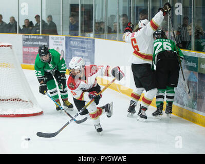 Hamilton, Kanada. 25 Okt, 2018. Rose Alleva (Vorne) des chinesischen Shenzhen Kunlun Red Star Vanke Strahlen steuert den Puck während der 2018-2019 Die kanadische Frauen Hockey League (CWHL) Spiel gegen Markham Donner am Morgan Firestone Arena in Hamilton, Ontario, Kanada, Okt. 25, 2018. Chinesischen Shenzhen KRS Vanke Strahlen gewann 3-2. Credit: Zou Zheng/Xinhua/Alamy leben Nachrichten Stockfoto