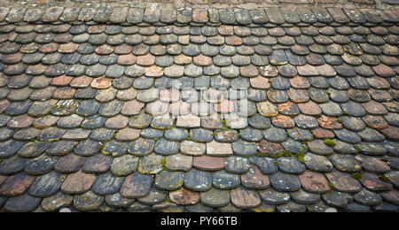 Nahaufnahme muster textur von altem Holz Schindel oder Ziegeldach. Andere Farbe Stücke, wie geordnet puzzle Jigsaw mit Moos und rot auf der Oberfläche bedeckt. Tra Stockfoto