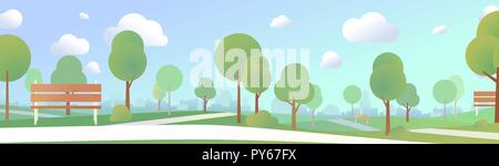 Städtische Park mit Bänken und City Skyline im Hintergrund, breite helle Konzept Abbildung Stock Vektor