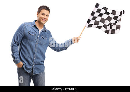 Jungen gutaussehenden Mann mit einem karierten Flagge auf weißem Hintergrund Stockfoto